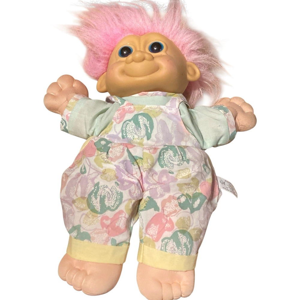 Vintage Russ Troll Kidz Pink Hair Green Floral Jumper 12" Plush Blue Eyes